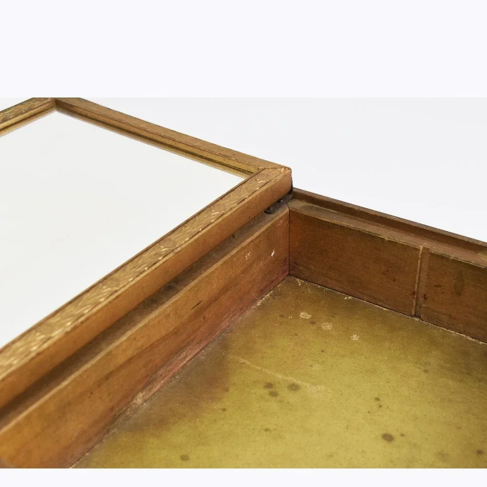 Rare antique wooden box with decorative lid, collectible painting storage box